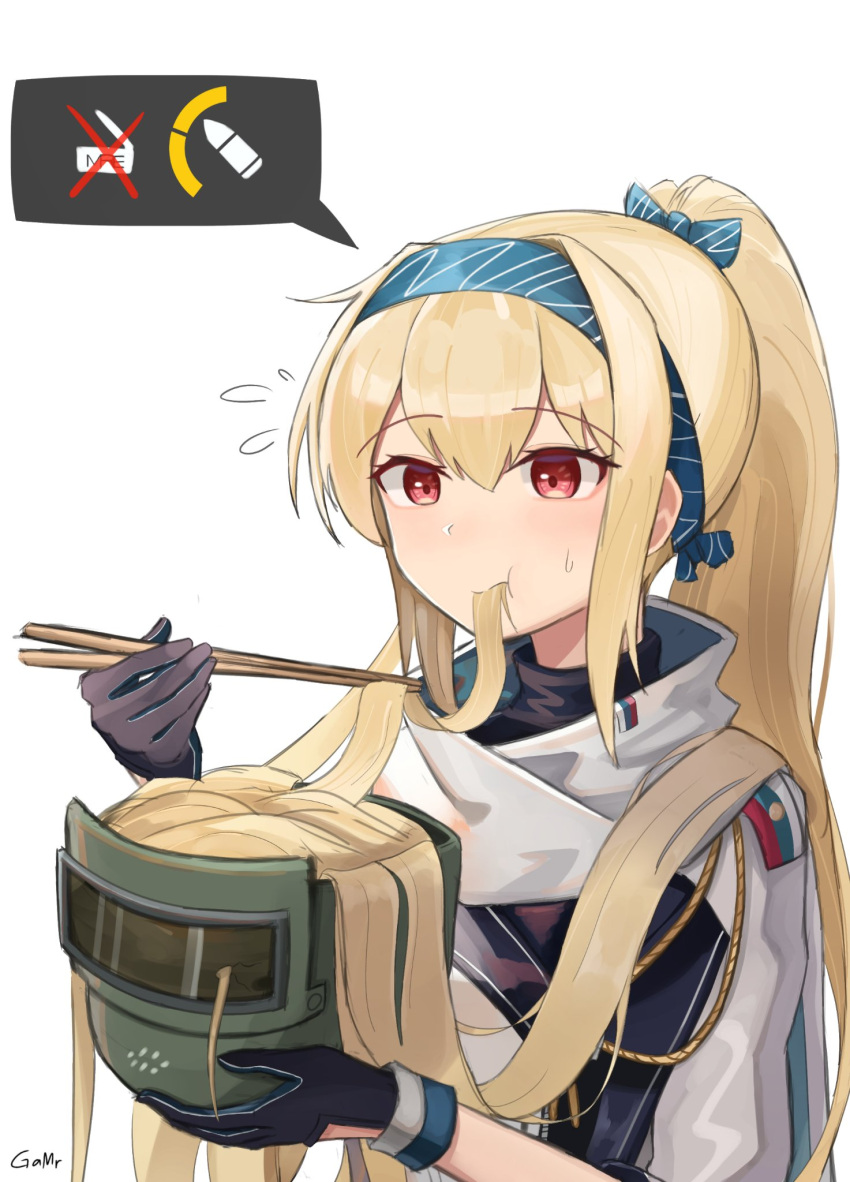 1girl ai_drawing_anime_characters_eating_ramen_(meme) black_gloves blonde_hair bullet chopsticks eating_hair gamryous girls_frontline gloves helmet highres holding holding_chopsticks jacket long_hair meme red_eyes russian_flag solo sv-98_(girls'_frontline) very_long_hair white_background white_jacket