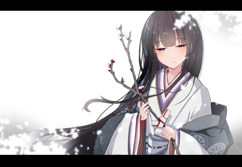 1girl bangs black_hair blush branch closed_eyes floating_hair flower hime_cut holding holding_branch japanese_clothes karaginu_mo kimono layered_clothes layered_kimono letter letterboxed long_hair original plum plum_blossoms princess simple_background smile solo tamanoti wide_sleeves winter