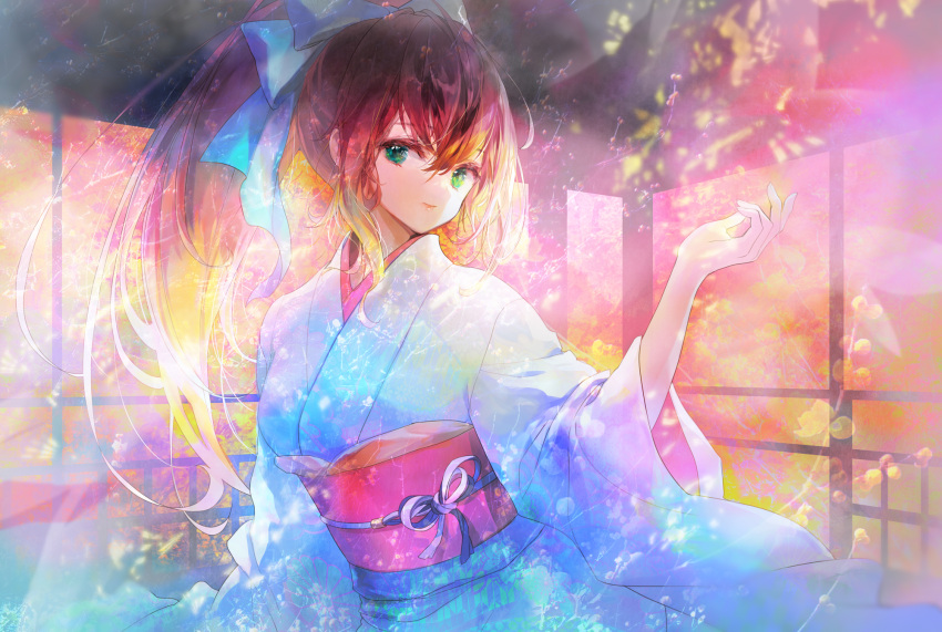 1girl 888myrrh888 bangs blue_bow blue_kimono bow brown_hair closed_mouth commentary_request green_eyes hair_between_eyes hair_bow hand_up high_ponytail highres indoors japanese_clothes kimono long_hair long_sleeves looking_at_viewer obi original ponytail sash solo very_long_hair wide_sleeves
