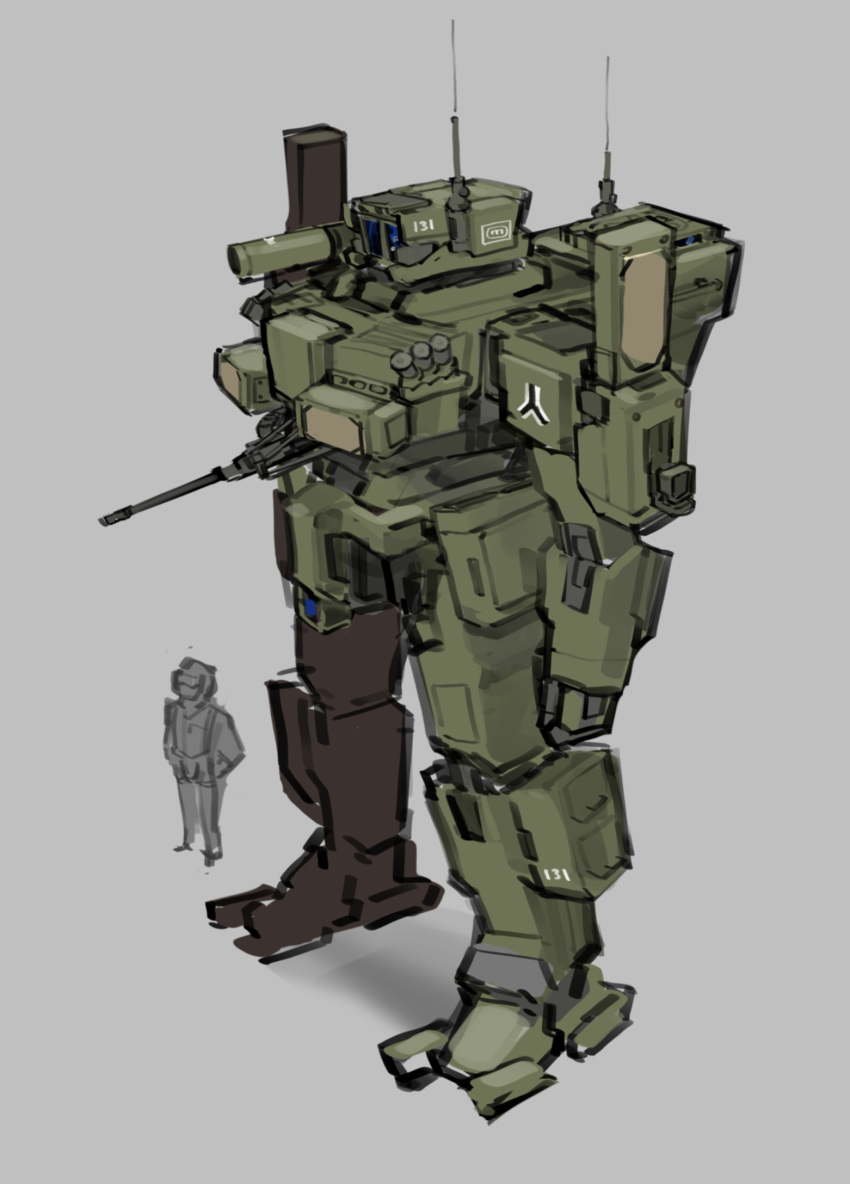 1other clenched_hand gradient gradient_background grey_background highres jacket mecha original radio_antenna robot science_fiction shoulder_cannon size_comparison standing turret weapon xerbatt