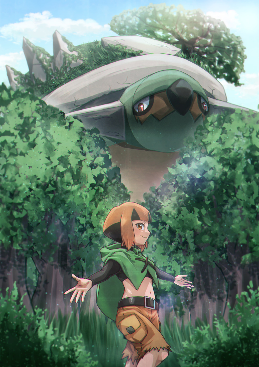 1girl absurdres bangs belt black_belt black_hair blunt_bangs brown_eyes brown_hair cargo_shorts crop_top day forest gardenia_(pokemon) grass highres kotobukkii_(yt_lvlv) looking_at_viewer looking_to_the_side midriff multicolored_hair nature navel orange_eyes orange_hair outdoors outstretched_arms pokemon pokemon_(creature) pokemon_(game) pokemon_dppt poncho shorts smile torterra tree two-tone_hair