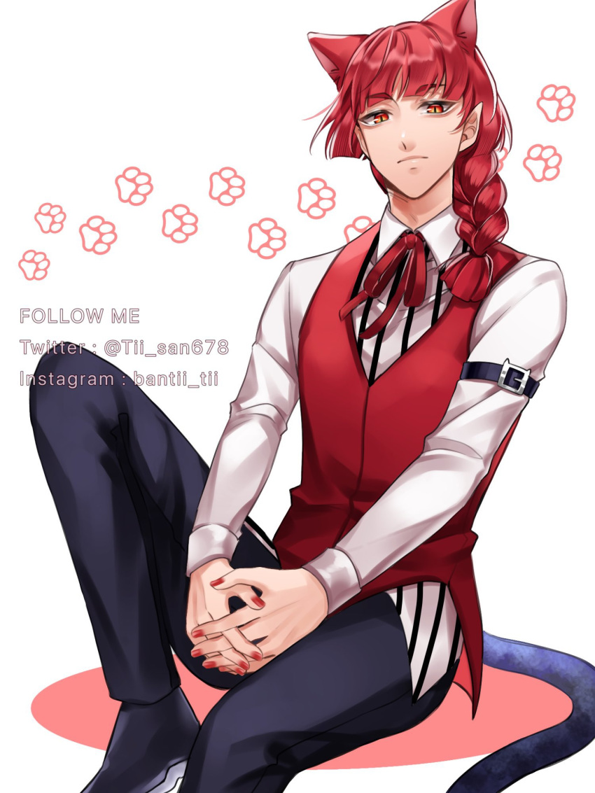 1boy animal_ears bangs bishounen braid cat_ears cat_tail demon_boy highres long_sleeves looking_at_viewer mairimashita!_iruma-kun male_focus nail_polish opera_(marimashita!_iruma-kun) pants red_eyes red_hair red_vest redhead shirt short_hair solo tail tii_san678 vest