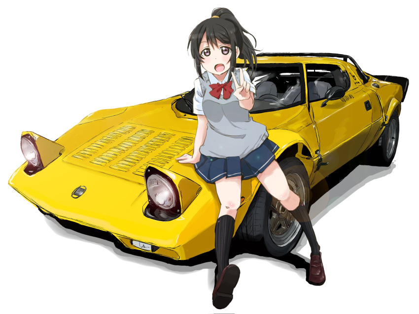 1girl arm_support bangs black_hair black_socks blue_skirt bow brown_footwear car commentary_request fang from_side full_body grey_vest ground_vehicle high_ponytail highres kneehighs lancia_(brand) lancia_stratos legs loafers maruyo motor_vehicle neck_ribbon on_vehicle open_mouth original pleated_skirt ponytail red_ribbon ribbon school_uniform shiny shiny_hair shirt shoes simple_background sitting sitting_on_car skirt socks solo sports_car thighs v vest white_background white_shirt