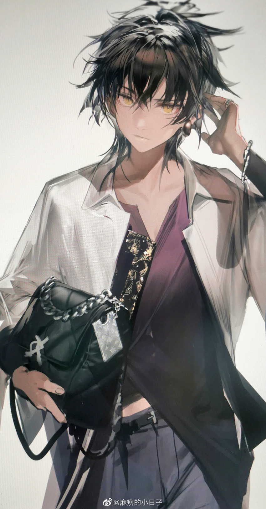 1boy arknights bag bangs black_hair bracelet chain closed_mouth collarbone dark_skin groin highres jewelry liduke long_sleeves looking_at_viewer male_focus open_clothes open_shirt ring shirt simple_background thorns_(arknights) weibo_logo yellow_eyes