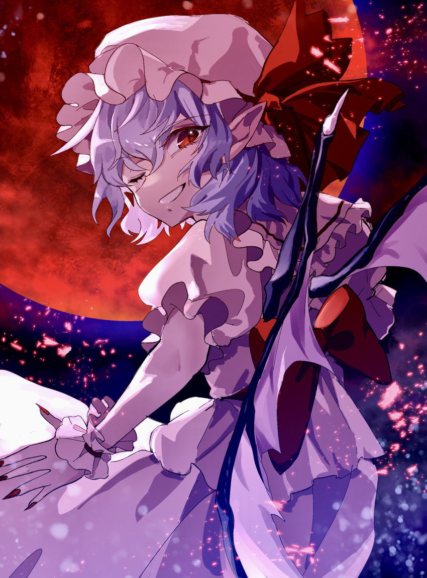 1girl bat_wings bow full_moon hat hat_ornament highres knocknock0464 looking_at_viewer mob_cap moon nail_polish night night_sky one_eye_closed puffy_sleeves purple_hair red_bow red_eyes red_moon red_nails remilia_scarlet short_hair short_sleeves sky smile solo touhou wings