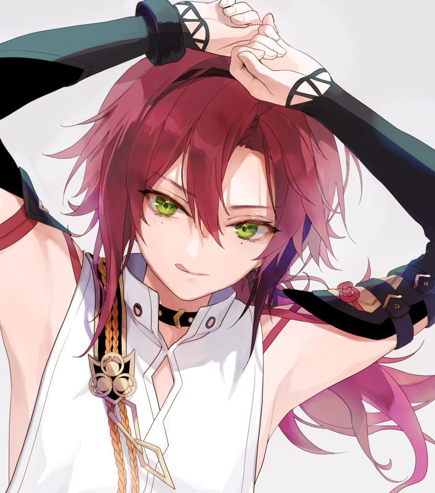 1boy 888myrrh888 :q armpits arms_up bangs bare_shoulders black_sleeves closed_mouth commentary_request detached_sleeves genshin_impact green_eyes green_hair grey_background hair_between_eyes highres long_hair long_sleeves looking_at_viewer male_focus mole mole_under_eye parted_bangs redhead shikanoin_heizou shirt simple_background sleeveless sleeveless_shirt sleeves_past_wrists smile solo tongue tongue_out upper_body
