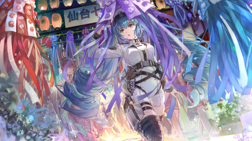 1girl blue_hair breasts csyday curvy festival goddess_of_victory:_nikke hand_up hat large_breasts long_hair military military_hat military_uniform multiple_girls official_art privaty_(nikke) thick_thighs thigh-highs thighs twintails uniform walking wide_hips yellow_eyes