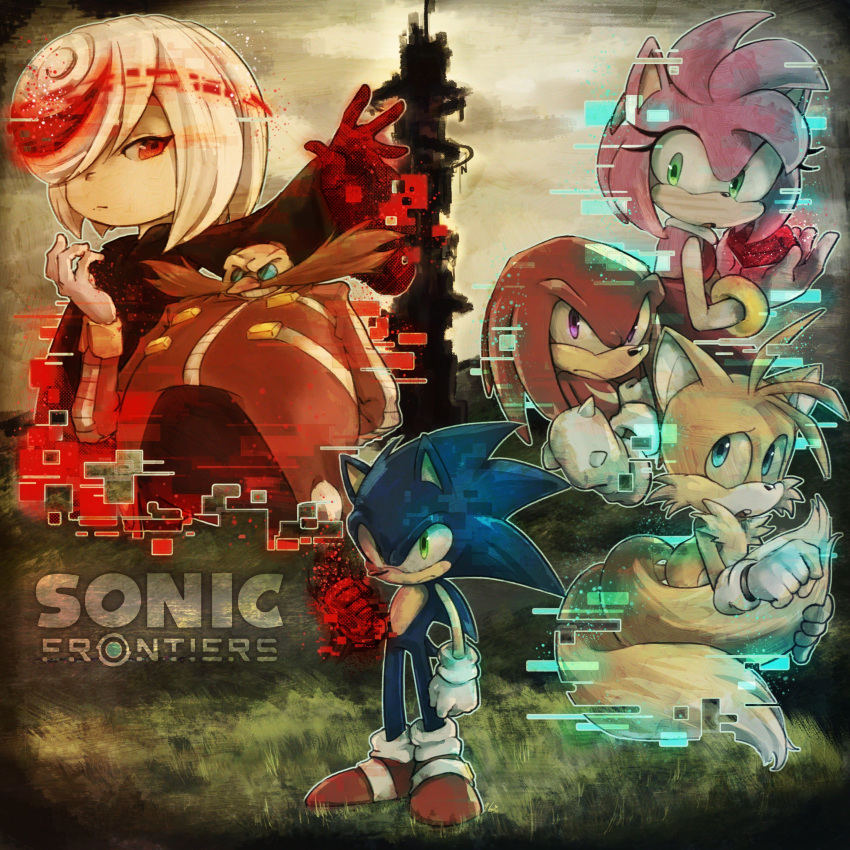 2girls 4boys absurdres amy_rose blue_eyes copyright_name copyright_request dr._eggman evil_grin evil_smile facial_hair fox_boy furry furry_male glasses glitter gloves green_eyes grin hera_souflee highres knuckles_the_echidna multiple_boys multiple_girls multiple_tails mustache red_eyes sage_(sonic) shoes smile sonic_(series) sonic_frontiers sonic_the_hedgehog tail tower two_tails violet_eyes white_gloves white_hair
