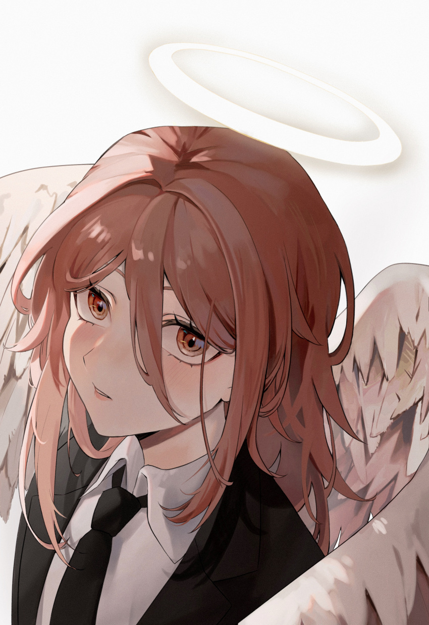 1boy absurdres androgynous angel angel_devil_(chainsaw_man) angel_wings black_jacket black_necktie brown_eyes chainsaw_man collared_shirt commentary feathered_wings film_grain formal from_above hair_between_eyes halo highres jacket long_hair nanami_(u_nanamiii) necktie orange_eyes parted_lips redhead shirt simple_background solo suit suit_jacket white_background white_shirt white_wings wings