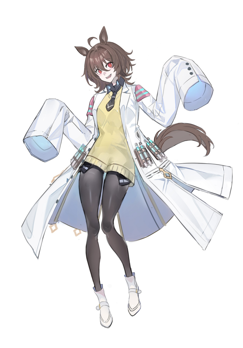 1girl absurdres agnes_tachyon_(umamusume) ahoge animal_ears bangs brown_hair cork echj full_body gradient high_heels highres horse_ears horse_girl horse_tail labcoat long_bangs looking_at_viewer messy_hair necktie open_mouth pantyhose red_eyes short_hair short_necktie sleeves_past_fingers sleeves_past_wrists smile solo standing sweater sweater_vest tail test_tube umamusume white_background white_footwear yellow_sweater