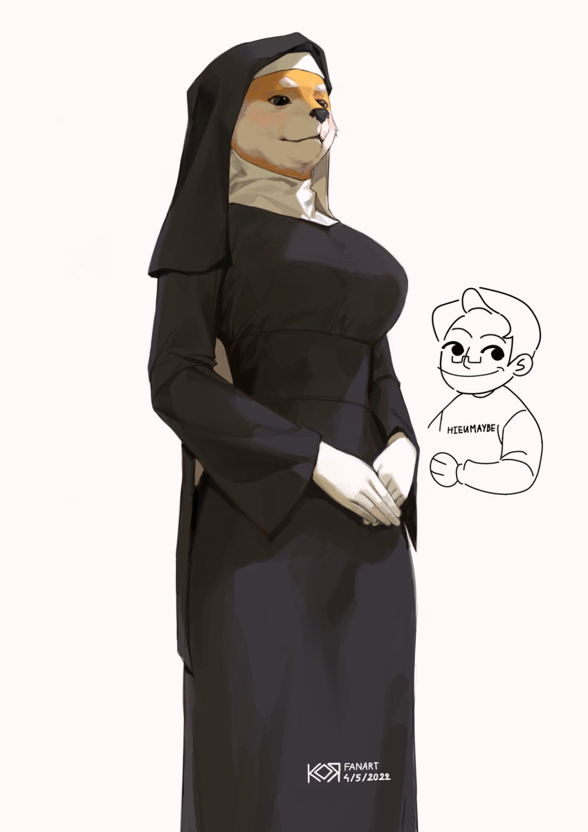 1boy 1girl artist_self-insert bald black_dress blush borrowed_character breasts catholic dated doge dress from_below furry furry_female gradient gradient_background habit highres koro_dou large_breasts long_dress long_sleeves meme nun original own_hands_together shiba_inu short_hair simple_background smile solo v_arms watermark