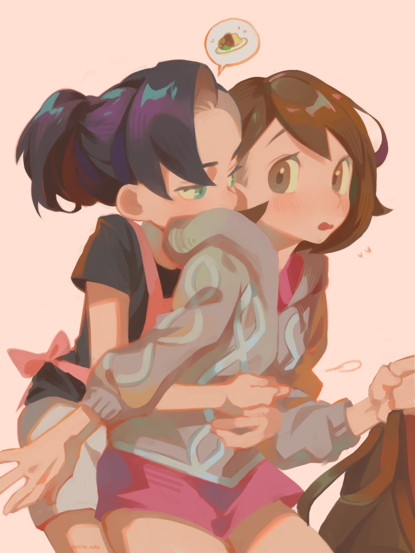 2girls apron backpack bag bag_removed black_hair black_shirt blush bob_cut brown_bag brown_eyes brown_hair cable_knit cardigan commentary dress ellie_niunai_zhuyi_zhe flying_sweatdrops gloria_(pokemon) gradient gradient_background green_eyes grey_cardigan highres hooded_cardigan hug hug_from_behind marnie_(pokemon) mary_(pokemon) multiple_girls open_mouth pink_apron pink_dress pokemon pokemon_(game) pokemon_swsh shirt short_hair short_sleeves shorts spoken_object t-shirt yuri yuuri_(pokemon)