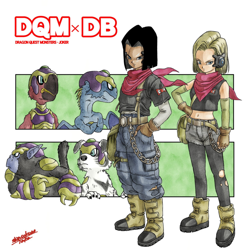 1boy 1girl android_17 android_18 arm_warmers bag belt bird black_hair blonde_hair blue_eyes boots brother_and_sister chain creator_connection crossover dog dragon dragon_ball dragon_ball_z dragon_quest dragon_quest_monsters dragon_quest_monsters_joker fingerless_gloves frown gloves hand_in_pocket hand_on_hip highres midriff monkey navel neckerchief official_style pantyhose_under_shorts red_neckerchief red_ribbon_army scarf serious shinsokunotaka shirt siblings signature sleeveless sleeveless_shirt toriyama_akira_(style) torn_clothes torn_legwear torn_pantyhose
