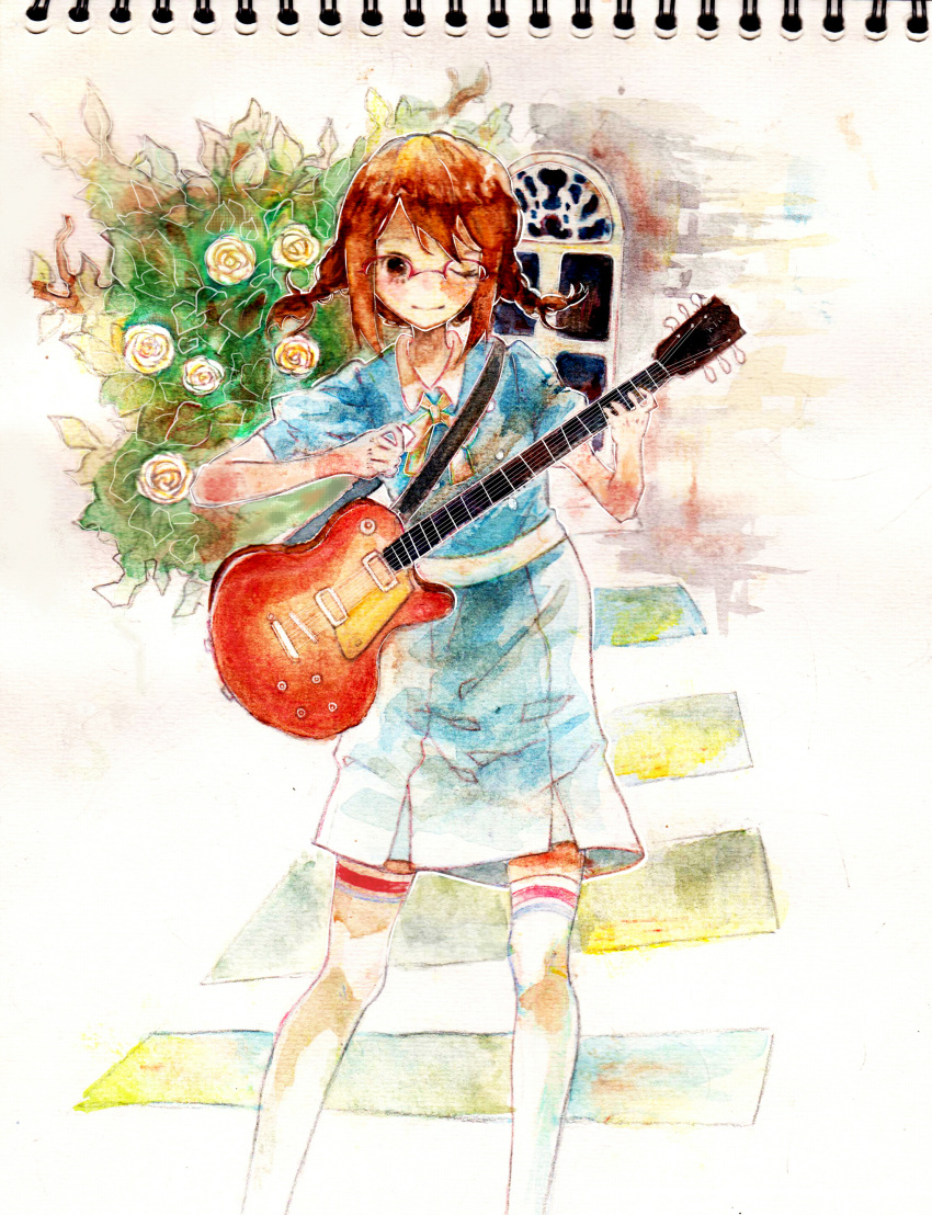 1girl absurdres alternate_costume bangs bespectacled blue_shirt blue_skirt brown_hair casual closed_mouth collar collared_shirt electric_guitar equinox flower gibson_les_paul glasses guitar highres hirasawa_yui holding holding_instrument instrument k-on! leaf one_eye_closed over-kneehighs over-rim_eyewear painting_(medium) parted_bangs photo_(medium) plant puffy_short_sleeves puffy_sleeves red-framed_eyewear ribbon semi-rimless_eyewear shirt short_hair short_sleeves short_twintails skirt smile socks solo standing thigh-highs traditional_media twintails watercolor_(medium) white_background white_collar white_socks window yellow_ribbon