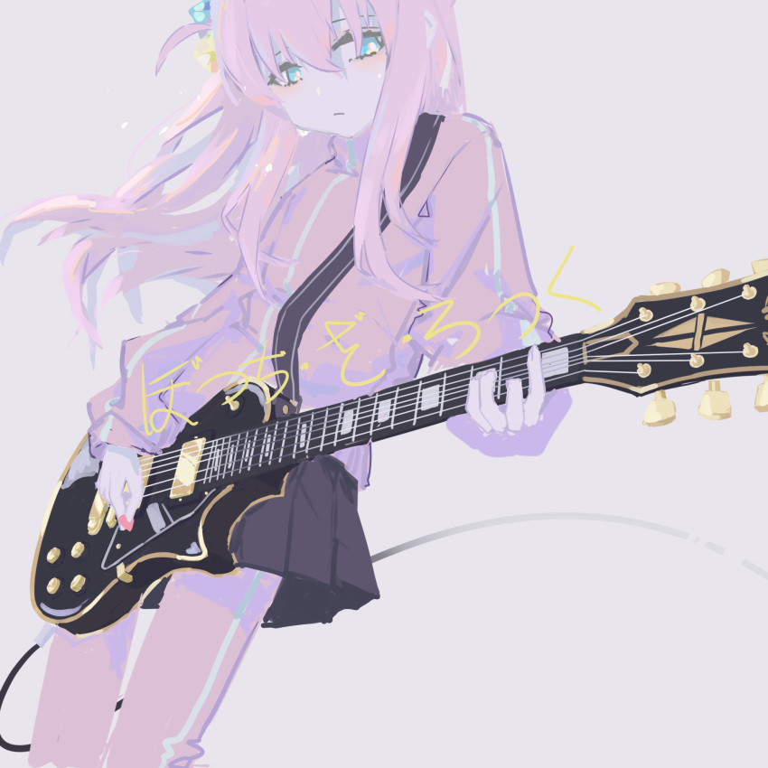 1girl aie blue_eyes bocchi_the_rock! cable cube_hair_ornament electric_guitar expressionless floating_hair gibson_les_paul gotou_hitori grey_skirt guitar hair_between_eyes hair_cubes hair_ornament highres holding holding_instrument holding_plectrum instrument jacket long_hair music one_side_up pants pants_under_skirt pink_hair pink_jacket pink_pants playing_instrument pleated_skirt plectrum simple_background skirt solo track_jacket track_suit