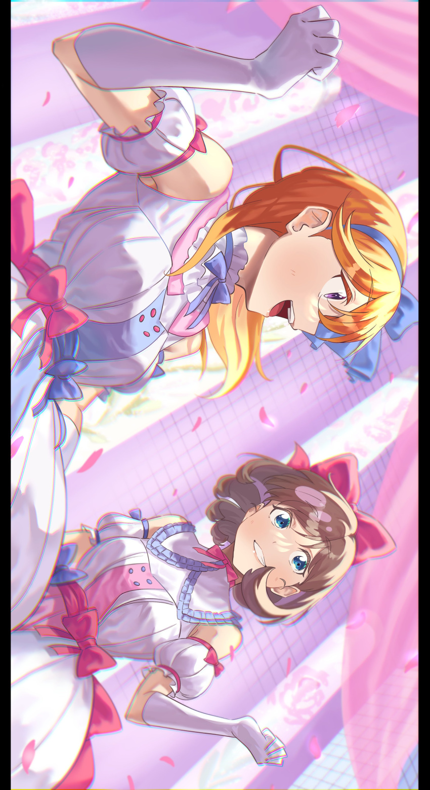 2girls absurdres bare_shoulders blonde_hair blue_eyes bow bow_hairband brown_hair clenched_hand dancing detached_sleeves dress elbow_gloves gloves hair_bow hairband highres letterboxed looking_at_another love_live! love_live!_superstar!! medium_hair multiple_girls orange_hair petals puffy_detached_sleeves puffy_short_sleeves puffy_sleeves repurika shibuya_kanon short_sleeves sideways smile tang_keke tiny_stars white_dress white_gloves wide_sleeves
