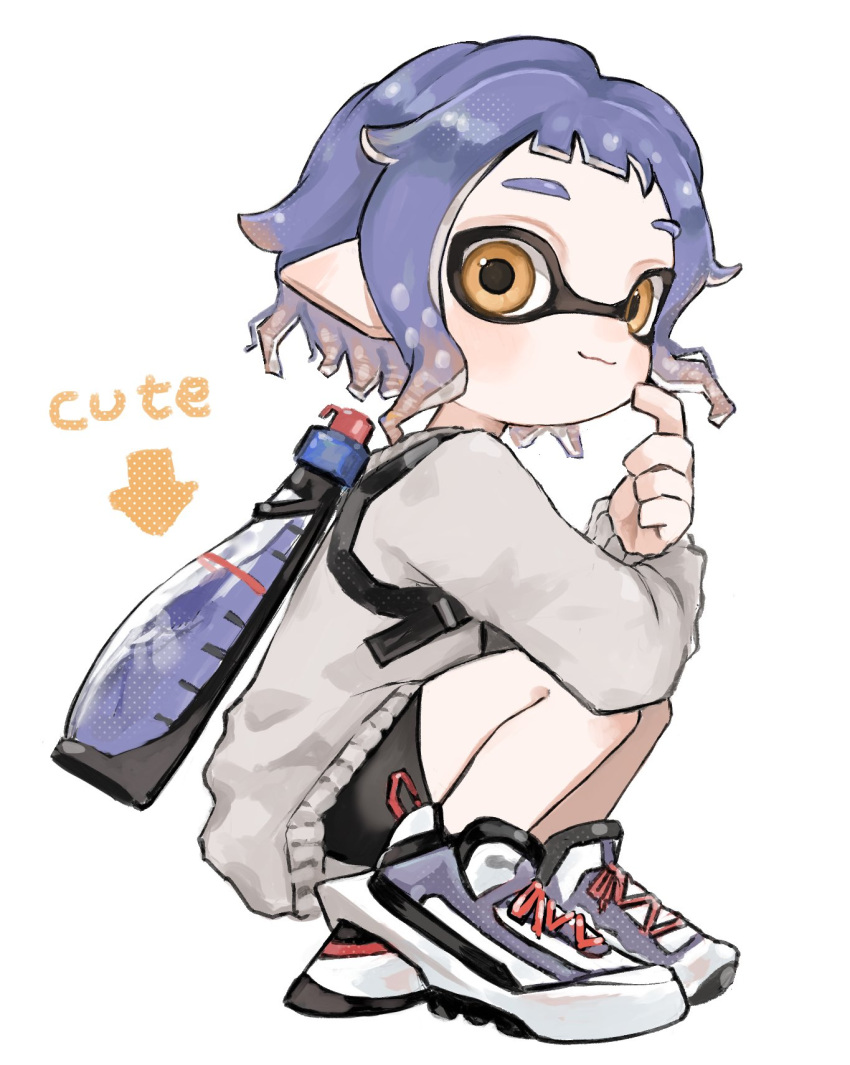 +_+ 1girl arrow_(symbol) bike_shorts black_shorts closed_mouth domino_mask earrings finger_to_face full_body grey_sweater highres index_finger_raised ink_tank_(splatoon) inkling inkling_girl jewelry long_sleeves looking_at_viewer mask mole mole_under_eye multicolored_footwear orange_eyes plum0o0 pointy_ears purple_hair shoes short_hair shorts simple_background smile sneakers solo splatoon_(series) splatoon_3 squatting sweater tentacle_hair white_background