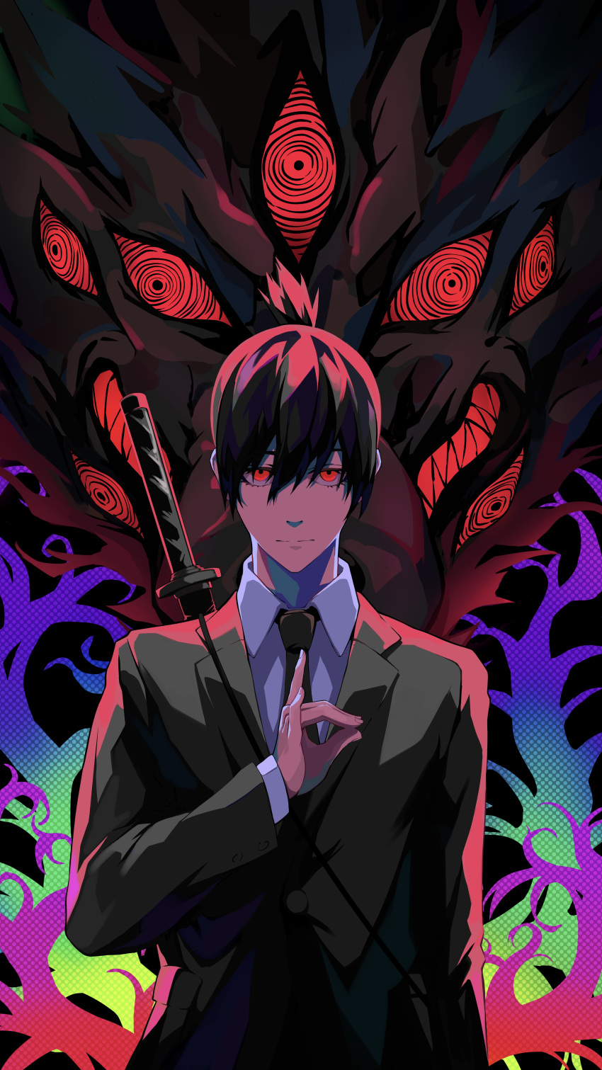 1boy 1other absurdres bangs black_background black_hair black_jacket black_necktie black_pants blue_background buttons chainsaw_man closed_mouth collared_jacket collared_shirt commentary_request fingernails formal fox_devil_(chainsaw_man) fox_shadow_puppet gradient gradient_background green_background grey_shirt hair_between_eyes hand_up hayakawa_aki highres jacket katana long_fingernails long_sleeves looking_at_viewer male_focus multicolored_background necktie pants ponytail purple_background red_background red_eyes shirt short_hair short_ponytail smile solo standing suit sword weapon yoiyoivesper