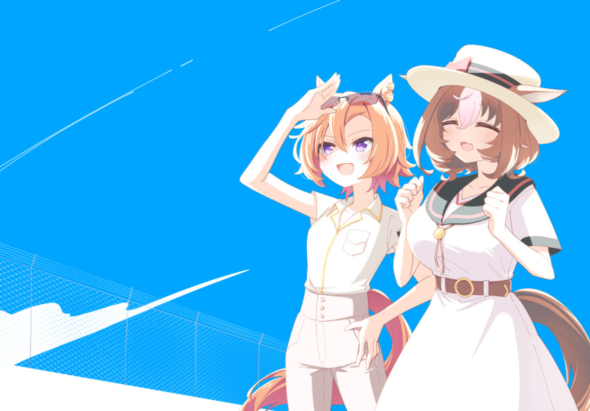 2girls alternate_costume animal_ears arm_up bangs belt blush boater_hat breast_pocket brown_hair clenched_hands closed_mouth clouds collared_shirt contrail dress ears_through_headwear eyewear_on_head fence hand_on_hip hands_up hat hihiqhi horse_ears horse_girl horse_tail meisho_doto_(umamusume) multiple_girls open_mouth orange_hair outdoors pants pocket sailor_collar shading_eyes shirt shirt_tucked_in short_hair short_sleeves smile standing sunglasses t.m._opera_o_(umamusume) tail umamusume violet_eyes white_dress