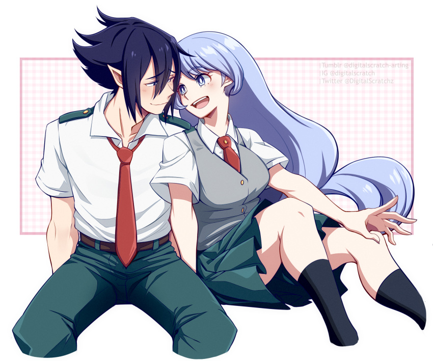 1boy 1girl amajiki_tamaki black_hair blue_eyes blue_hair boku_no_hero_academia closed_mouth collared_shirt couple digitalscratch english_commentary green_pants grey_vest hadou_nejire highres invisible_chair long_hair looking_at_another necktie open_mouth pants pleated_skirt pointy_ears school_uniform shirt short_hair sitting skirt spiky_hair thigh-highs u.a._school_uniform very_long_hair vest white_shirt