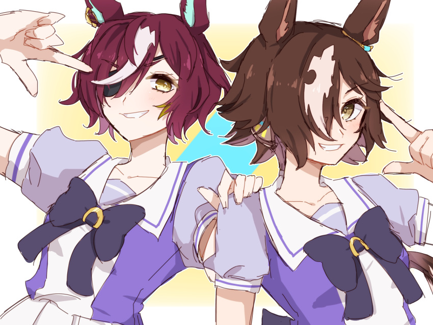 2girls :d animal_ears bangs blue_background border bow bowtie brown_eyes brown_hair eyepatch grin hair_over_one_eye hide_oo highres horse_ears horse_girl long_hair looking_at_viewer multiple_girls ponytail purple_bow purple_bowtie purple_shirt sailor_collar school_uniform shirt short_hair short_sleeves skirt smile tanino_gimlet_(umamusume) teeth tenryuu_(kantai_collection) tracen_school_uniform two-tone_background umamusume v vodka_(umamusume) white_border white_skirt yellow_background yellow_eyes