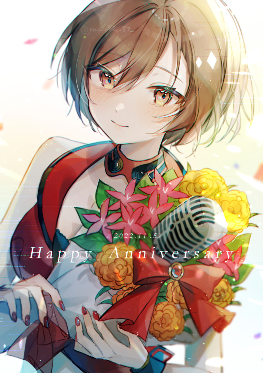 1girl blue_nails bouquet brooch brown_eyes brown_hair flower happy_birthday highres holding holding_bouquet jewelry light_smile looking_at_viewer meiko meiko_(vocaloid) meiko_(vocaloid3) microphone nail_polish orange_flower petals pink_flower red_nails ribbon shirt short_hair sleeveless sleeveless_shirt solo vocaloid wrist_cuffs yazu82 yellow_flower