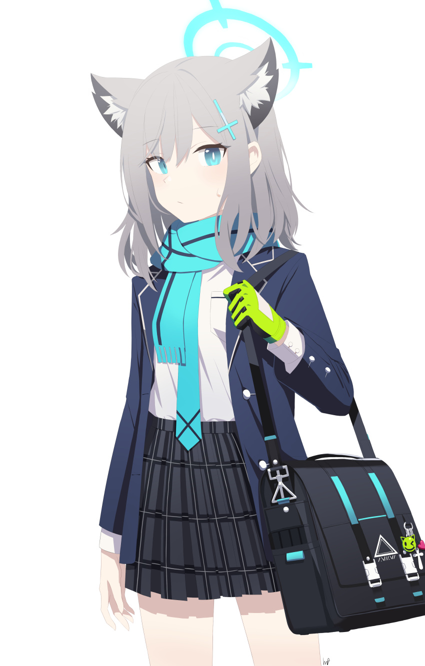 1girl absurdres aimpoleume animal_ears bag bag_charm bangs blazer blue_archive blue_eyes blue_scarf charm_(object) commentary_request gloves grey_hair hair_between_eyes hair_ornament hairclip halo highres id_card jacket long_sleeves looking_at_viewer mismatched_pupils necktie open_clothes open_jacket plaid plaid_skirt pleated_skirt scarf school_bag school_uniform shiroko_(blue_archive) short_hair sidelocks simple_background single_glove skirt solo white_background