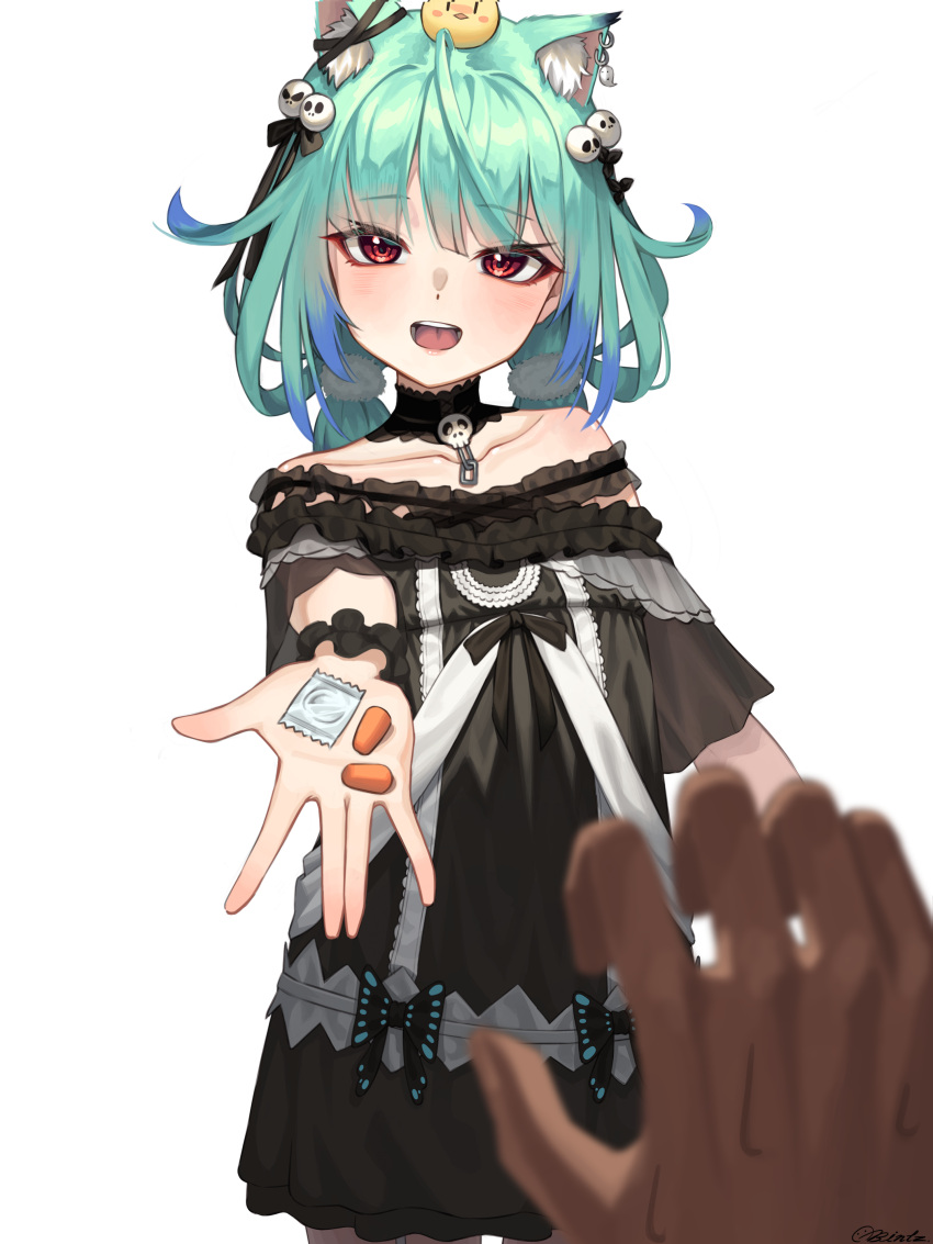 1girl absurdres alternate_costume animal_ears bintz dress green_hair hair_ornament happy highres hololive long_hair looking_at_viewer open_mouth pill red_eyes skull_earrings skull_hair_ornament smile strapless strapless_dress uruha_rushia virtual_youtuber