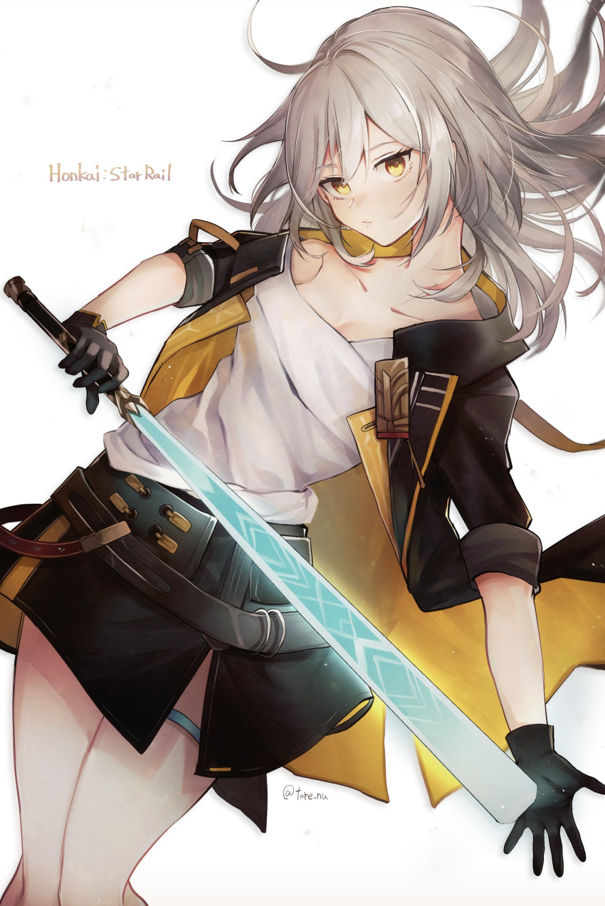 1girl absurdres bangs belt black_gloves black_jacket blush breasts character_name closed_mouth commentary_request copyright_name expressionless feet_out_of_frame gloves grey_hair highres holding holding_sword holding_weapon honkai:_star_rail honkai_(series) jacket long_hair looking_at_viewer shirt simple_background solo sword tare_(tonikaku_magaru) trailblazer_(honkai:_star_rail) trailblazer_(honkai:_star_rail)_(female) twitter_username weapon white_background white_shirt yellow_eyes