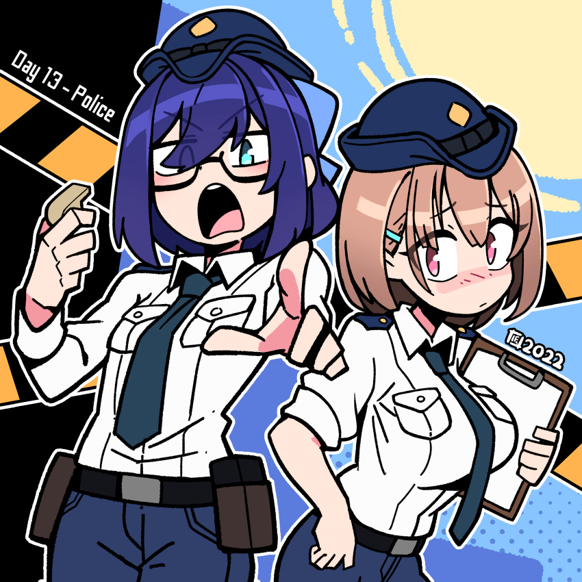2girls a-chan_(hololive) absurdres alternate_costume artist_logo belt belt_pouch black-framed_eyewear black_belt blue_eyes blue_hair blue_necktie blue_pants blush breasts brown_hair clipboard closed_mouth collared_shirt commentary cowboy_shot dated denim dress_shirt embarrassed english_commentary english_text eyes_visible_through_hair glasses hair_between_eyes hair_ornament hairclip harusaki_nodoka hat highres holding holding_clipboard holding_whistle hololive hololive_indonesia iqbal_fauzi jeans looking_at_viewer medium_breasts multiple_girls necktie open_mouth outline pants pink_eyes pointing pointing_at_viewer police police_hat police_uniform policewoman pouch semi-rimless_eyewear shirt shirt_tucked_in short_hair small_breasts standing uniform v-shaped_eyebrows virtual_youtuber whistle white_shirt wing_collar