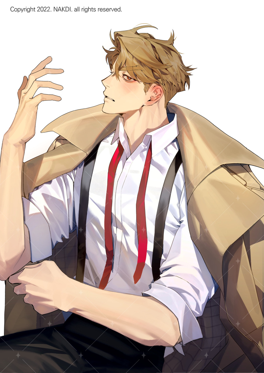 1boy absurdres almond_cookie blush coat coat_on_shoulders collared_shirt cookie_run feet_out_of_frame highres light_brown_hair looking_at_viewer male_focus mature_male nakddidi necktie shirt short_hair sleeves_rolled_up solo thick_eyebrows undone_necktie white_shirt