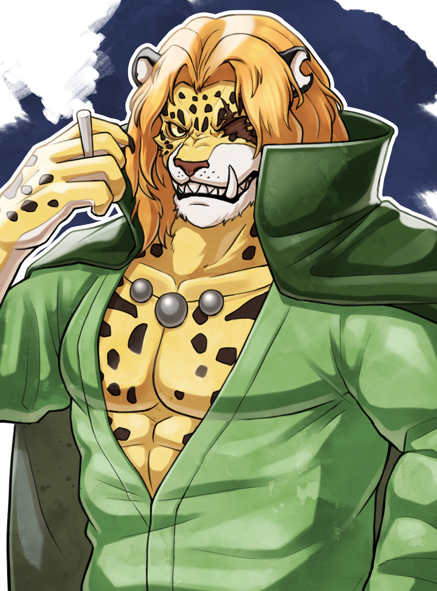 1boy absurdres blonde_hair cigarette coat coat_on_shoulders furry furry_male highres holding holding_cigarette karasuki looking_at_viewer male_focus muscular muscular_male one_piece panther_boy panther_ears partially_unbuttoned pectoral_cleavage pectorals pekoms scar scar_across_eye short_hair solo teeth tusks