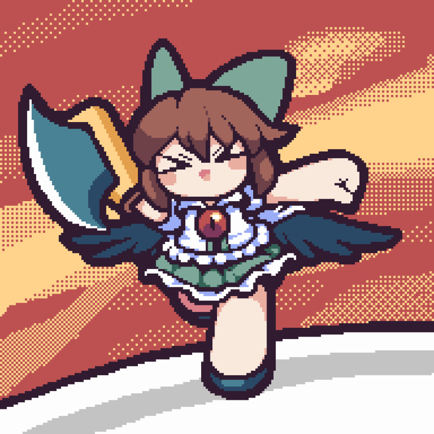 &gt;_&lt; 1girl :d animated animated_gif axe bangs bird_wings black_wings blush bow brown_hair cape chibi collared_shirt commentary_request cookie_(touhou) frilled_skirt frills full_body green_bow green_skirt hair_bow halftone halftone_background highres holding holding_axe long_hair looping_animation nadeko_(cookie) open_mouth pixel_art polka_dot polka_dot_background reiuji_utsuho running shirt skirt smile solo third_eye tonchamon_san touhou white_cape white_shirt wings