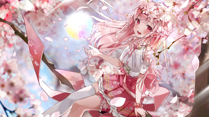 1girl absurdres blurry blurry_background blurry_foreground branch character_request cherry_blossoms copyright_request depth_of_field eumi_114 flower hair_flower hair_ornament highres long_hair looking_at_viewer official_art open_mouth petals pink_eyes pink_flower pink_hair pointy_ears single_thighhigh sitting skirt smile solo thigh-highs thighhighs tree_branch virtual_youtuber white_legwear white_thighhighs