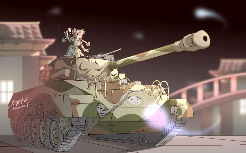 1girl absurdres artist_name braid browning_m2 camouflage dated dress green_dress ground_vehicle highres kaenbyou_rin lens_flare long_hair m18_hellcat military military_vehicle motor_vehicle open_mouth pzgr.40 red_eyes redhead solo tank touhou twin_braids