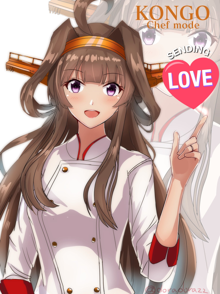 1girl ahoge alternate_costume brown_hair chef_uniform commentary_request double_bun hair_bun hairband headgear highres jewelry kantai_collection kongou_(kancolle) kongou_(kantai_collection) long_hair looking_at_viewer open_mouth purple_eyes remodel_(kantai_collection) ring roko_roko_(doradorazz) shirt smile solo upper_body violet_eyes wedding_ring white_shirt zoom_layer