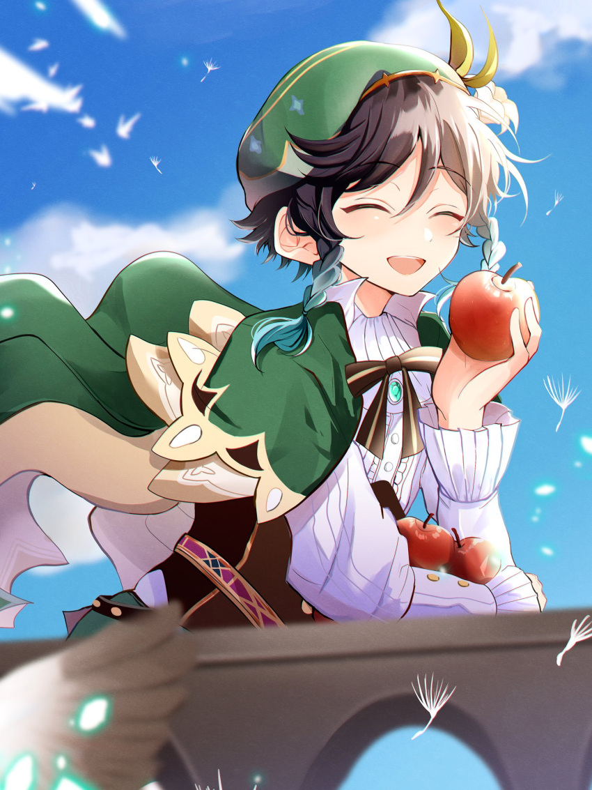 1boy apple ascot bangs belt beret bird black_belt black_bow black_bowtie black_hair blue_gemstone blue_hair blue_sky blush bow bowtie braid buttons capelet cloak closed_eyes clouds cloudy_sky collared_shirt commentary_request corset flower flower_hat flying food fruit gem genshin_impact gradient gradient_hair green_capelet green_cloak green_headwear green_shorts grey_shirt hair_between_eyes hand_up hat hat_ornament highres holding holding_food holding_fruit leaf leaf_hat_ornament long_sleeves male_focus multicolored_hair open_mouth outdoors puffy_long_sleeves puffy_sleeves rere_tu2 shirt short_hair shorts sky smile solo standing striped striped_bow striped_bowtie sunlight teeth tongue twin_braids venti_(genshin_impact) vision_(genshin_impact) white_ascot white_flower wings