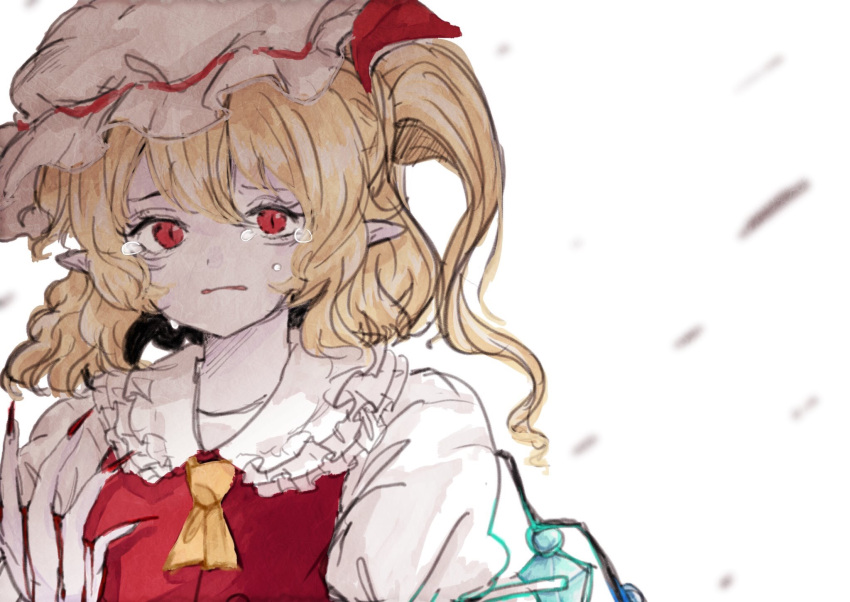 1girl ascot blonde_hair collared_shirt crying crying_with_eyes_open fingernails flandre_scarlet fleuriste frilled_shirt_collar frills hat hat_ribbon highres looking_at_viewer medium_hair mob_cap multicolored_wings nail_polish pointy_ears puffy_short_sleeves puffy_sleeves red_eyes red_nails red_ribbon red_vest ribbon sharp_fingernails shirt short_sleeves side_ponytail simple_background solo tears touhou upper_body vest white_background white_headwear white_shirt wings yellow_ascot