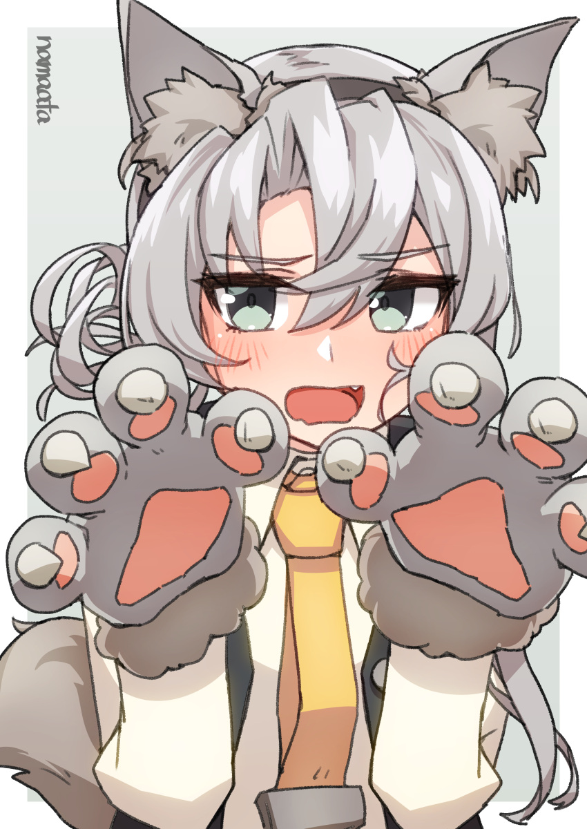 1girl absurdres animal_ear_fluff animal_ears animal_hands bangs black_vest blush commentary_request fake_animal_ears fang gloves gradient_background grey_eyes grey_hair hair_between_eyes halloween_costume highres kantai_collection long_sleeves looking_at_viewer male_focus namaata necktie nowaki_(kancolle) open_mouth paw_gloves paws shirt simple_background solo upper_body vest white_shirt yellow_necktie