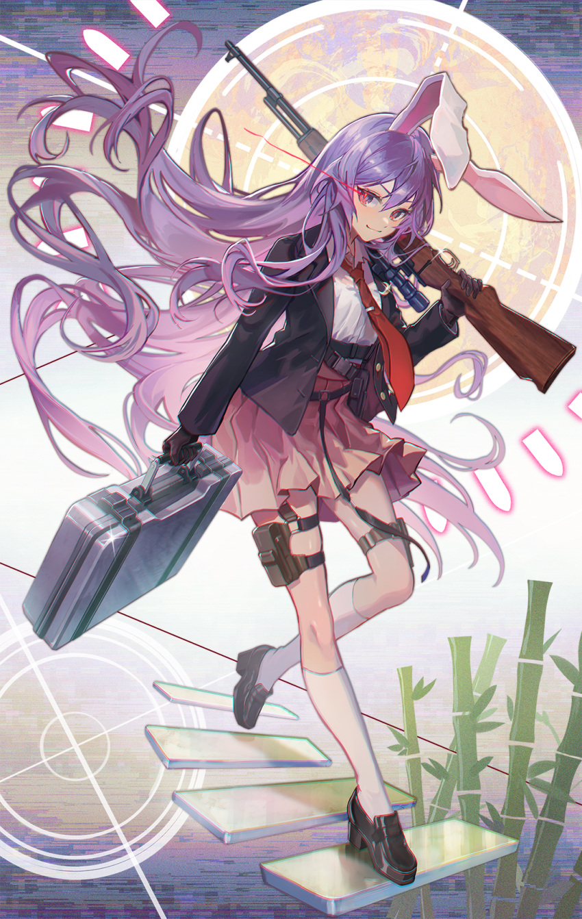 1girl animal_ears bag bamboo bangs belt black_belt black_footwear black_gloves black_jacket blazer blue_background breasts brown_bag brown_belt bunny_ears closed_mouth collared_jacket collared_shirt full_moon gloves gradient gradient_background grey_bag gun hair_between_eyes hand_up highres holding holding_gun holding_weapon jacket kyusoukyu leaf leg_up long_hair long_sleeves looking_at_viewer medium_breasts miniskirt moon multicolored_background multicolored_eyes necktie open_clothes open_jacket pink_skirt purple_background purple_hair rabbit_ears red_eyes red_necktie red_neckwear reisen_udongein_inaba shirt shoes skirt smile socks solo sparkle stairs standing standing_on_one_leg touhou very_long_hair violet_eyes weapon white_legwear white_shirt white_socks yellow_background