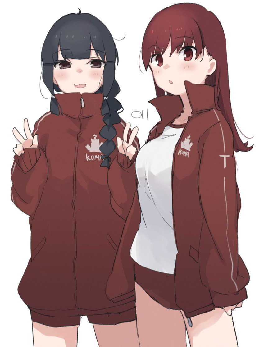 2girls ahoge black_hair braid brown_eyes brown_hair highres jacket kantai_collection kitakami_(kancolle) long_hair looking_at_viewer ma_rukan medium_hair multiple_girls ooi_(kancolle) open_mouth pants red_jacket single_braid smug thighs track_jacket track_pants tsurime v victory_pose