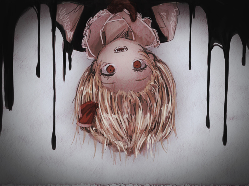 1girl black_vest blonde_hair dripping fleuriste hair_ribbon looking_at_viewer open_mouth red_eyes ribbon rumia sharp_teeth shirt short_hair simple_background solo teeth touhou upper_body upside-down vest white_background white_shirt