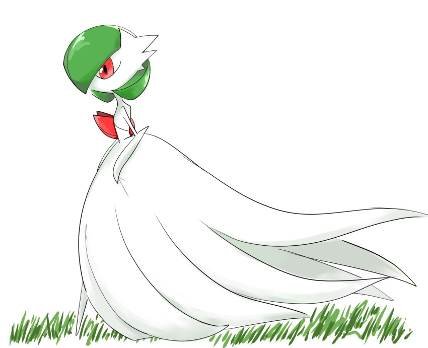 1girl bangs bare_shoulders bob_cut colored_skin commentary dress elbow_gloves flat_chest from_side full_body gardevoir gen_3_pokemon gloves grass green_hair highres mega_gardevoir mega_pokemon no_humans outdoors pokemon pokemon_(creature) red_eyes rve shiny shiny_hair short_hair simple_background solo strapless strapless_dress walking white_background white_dress white_gloves white_skin