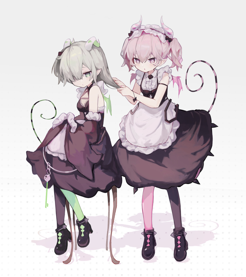 2girls absurdres apron arianna_the_labrynth_servant arianne_the_labrynth_servant black_footwear bright_pupils commentary_request demon_girl detached_sleeves duel_monster grabbing_another's_hair gradient gradient_background green_eyes grey_hair hair_between_eyes hair_over_one_eye highres horns key long_sleeves maid maid_apron maid_headdress multiple_girls pantyhose parted_lips pink_eyes pink_hair shadow shirt tail twintails user_kxre7237 white_pupils wings yu-gi-oh!