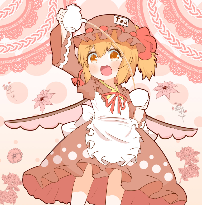 1girl apron blonde_hair bow brown_dress brown_headwear commentary_request coruthi cup dress fairy frilled_shirt_collar frills hat hat_ribbon highres holding holding_cup juliet_sleeves long_sleeves looking_at_viewer mob_cap open_mouth orange_eyes ponytail puffy_sleeves red_bow ribbon smile solo tea teapot tina_flavor touhou touhou_igyoukyo white_apron white_ribbon wings