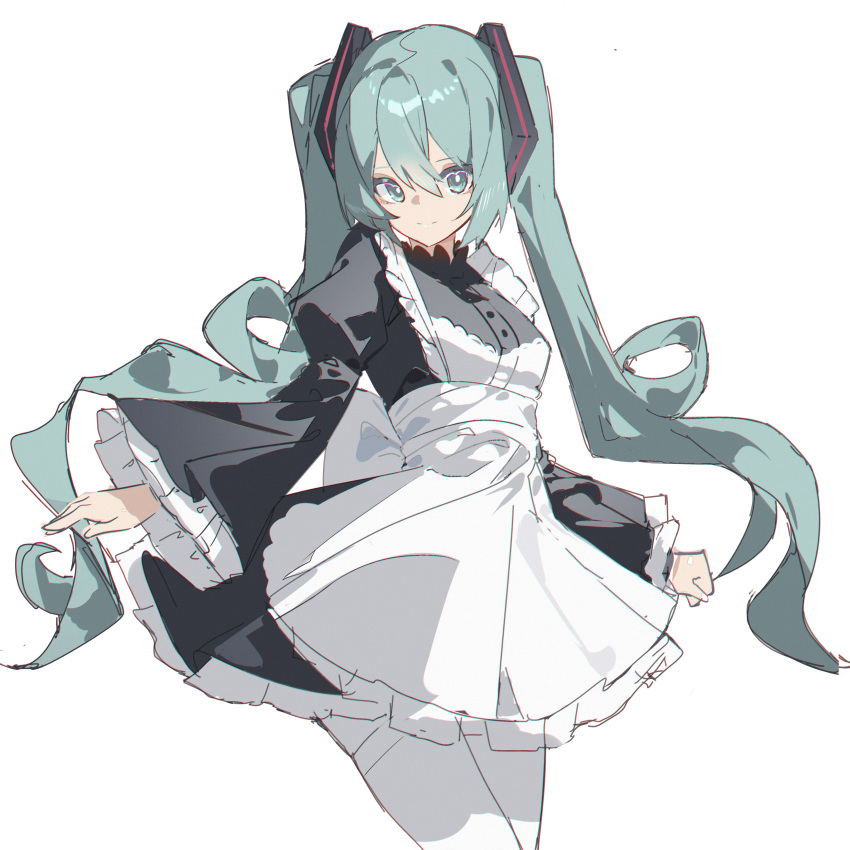 1girl absurdres alternate_costume apron aqua_eyes aqua_hair black_dress breasts closed_mouth cowboy_shot dress enmaided frilled_dress frilled_sleeves frills hatsune_miku highres juliet_sleeves long_hair long_sleeves looking_at_viewer maid pantyhose puffy_sleeves qtian simple_background small_breasts smile solo twintails very_long_hair vocaloid white_apron white_background white_pantyhose wide_sleeves