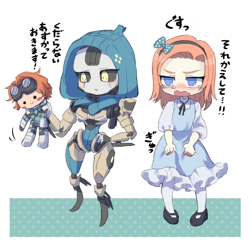 2girls alternate_costume android animification apex_legends ash_(titanfall_2) ashleigh_reid black_footwear black_hairband black_sclera blue_bow blue_dress blue_eyes blue_leotard blush bow character_doll colored_sclera deformed doll dress hairband highres holding holding_doll hooded_leotard horizon_(apex_legends) leotard medium_hair multiple_girls orange_hair pantyhose polka_dot sacchan_(sacchan_18) shirt simulacrum_(titanfall) tearing_up translation_request white_background white_pantyhose white_shirt yellow_eyes