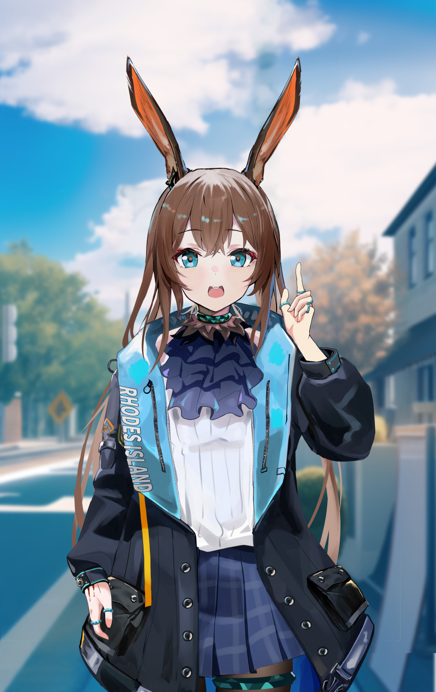 1girl absurdres amiya_(arknights) animal_ear_fluff animal_ears arknights arm_at_side ascot bangs black_jacket black_pantyhose blue_ascot blue_eyes blue_skirt blush brown_hair bunny_ears cowboy_shot frills hand_up highres jacket jewelry long_hair long_sleeves looking_at_viewer open_clothes open_jacket open_mouth pantyhose photo_background pleated_skirt rabbit ring shirt sidelocks sixiang_huiyin skirt solo teeth thumb_ring upper_teeth very_long_hair white_shirt