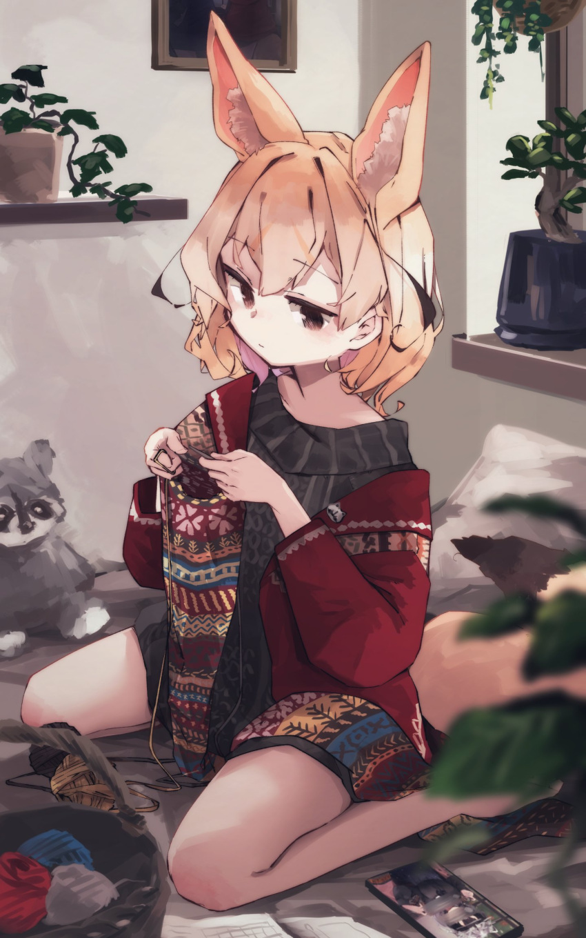 1girl animal_ears bare_legs barefoot blonde_hair blush brown_eyes commentary_request extra_ears fennec_(kemono_friends) fox_ears fox_girl fox_tail grey_sweater highres indoors jacket kemono_friends knitting long_sleeves multicolored_hair nanana_(nanana_iz) off_shoulder plant potted_plant red_jacket scarf seiza short_hair sitting solo sweater tail white_hair