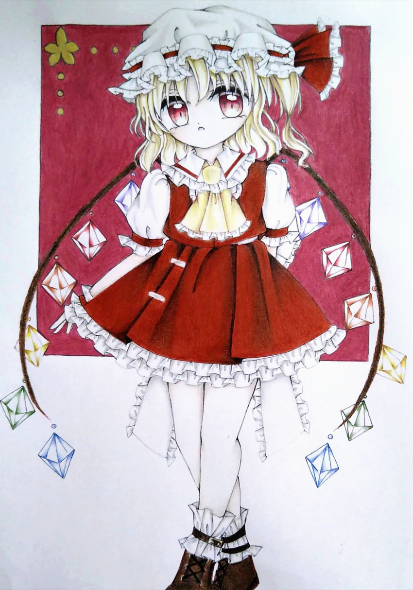 1girl :o arm_behind_back ascot back_bow blonde_hair bow brown_footwear colored_pencil_(medium) crystal flandre_scarlet frilled_ascot frilled_bow frilled_ribbon frilled_shirt_collar frilled_skirt frilled_sleeves frilled_socks frills full_body hair_between_eyes hat hat_ribbon highres looking_at_viewer mob_cap multicolored_wings open_mouth puffy_short_sleeves puffy_sleeves red_background red_eyes red_ribbon red_skirt red_vest ribbon shoelaces shoes short_sleeves simple_background skirt skirt_set socks solo touhou traditional_media unknown_m_g vest white_bow white_headwear white_socks wings wrist_cuffs yellow_ascot